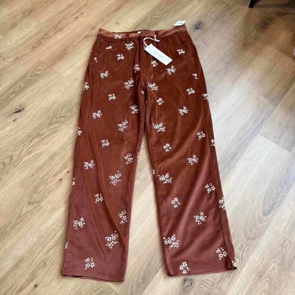 NWT Driftwood Rust Floral Embroidered Velvet Straight Leg Pants Size 28